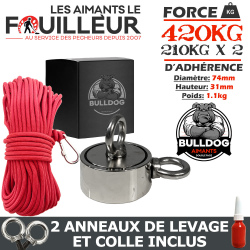 aimant neodyme bulldog 420 kg avec corde renforcée 30m