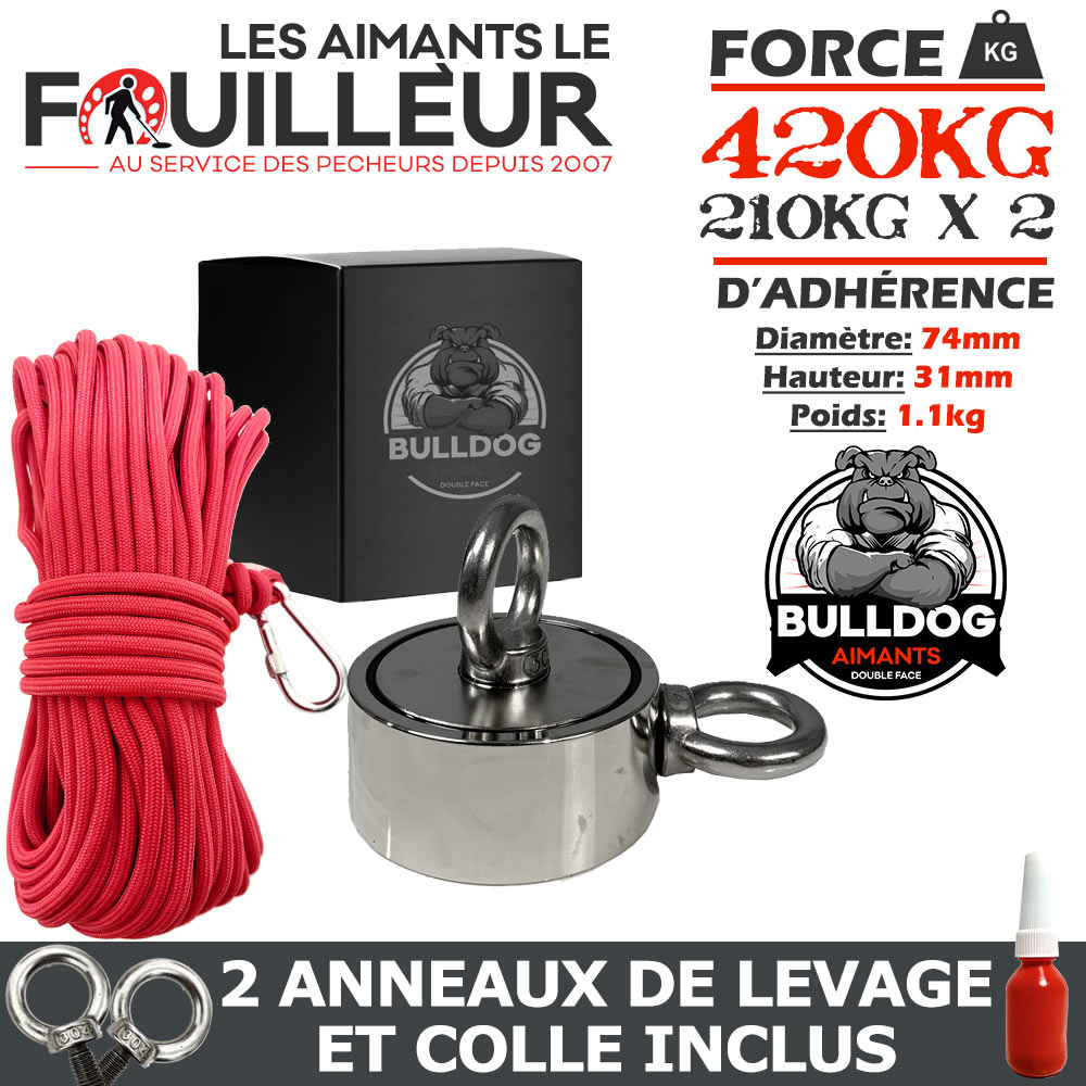 Aimant Néodyme DOUBLE Face 420kg + corde renforcée 30m type Bulldog