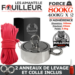 Aimant Néodyme DOUBLE Face 800kg type Bulldog + corde renforcée 30m