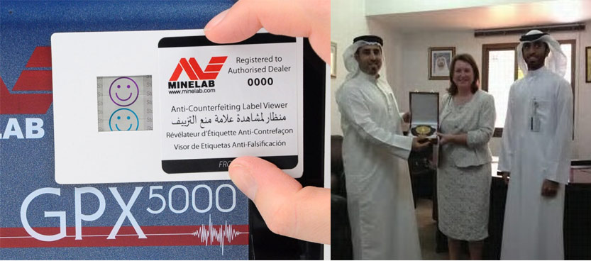 Sheila Kelleher de Minelab recevant une médaille aux autorités de Dubai après une saisie de record de GPX contrefaits