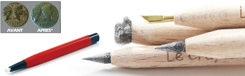 Promotions stylos nettoyeurs fibre de verre et laiton et crayons a andré pour monnaies